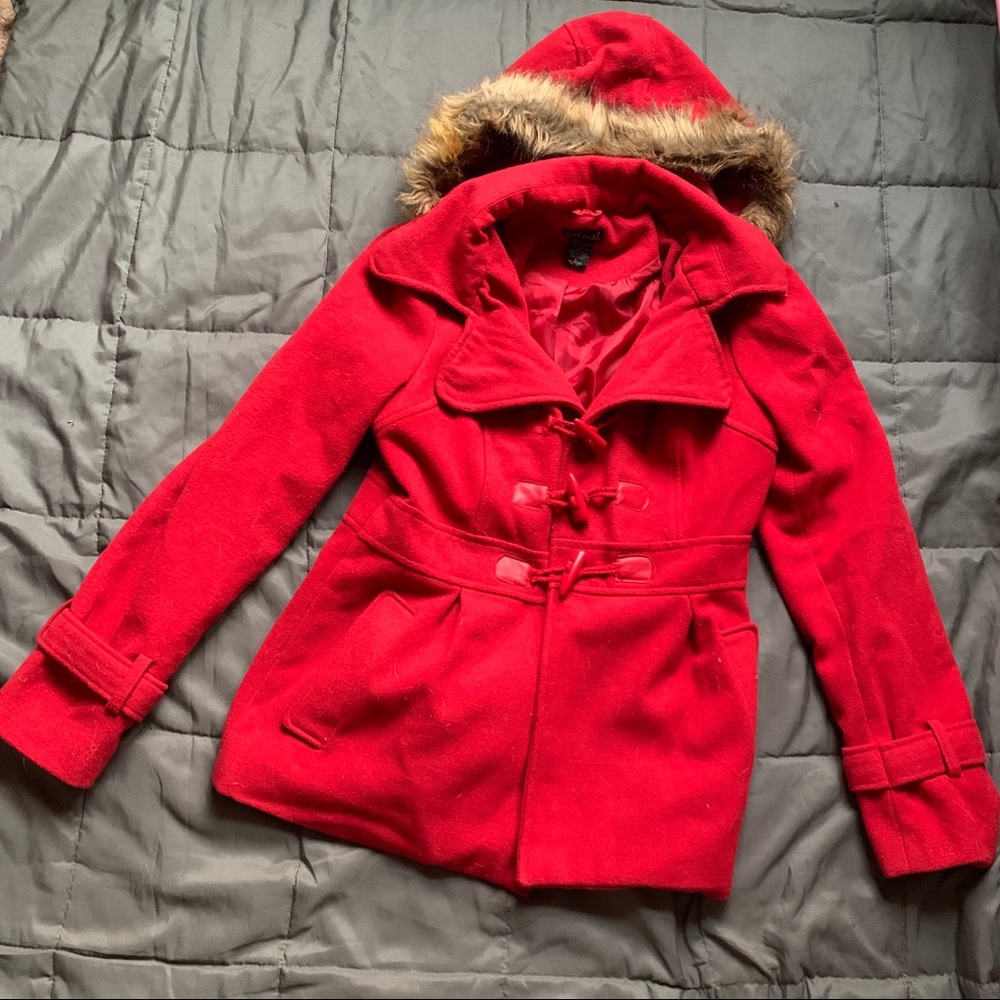 Red Wet Seal Winter Coat with Fur Lined Hood